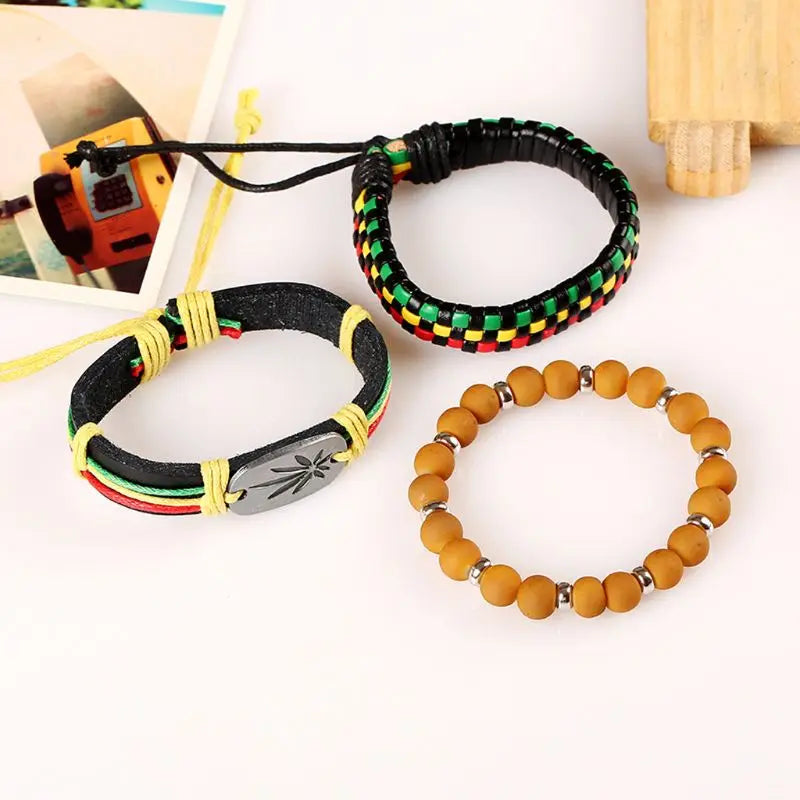 3Pcs Jamaica Leather Weed Hemp Cord Woven Braided Bracelets Rasta Reggae Jeweley