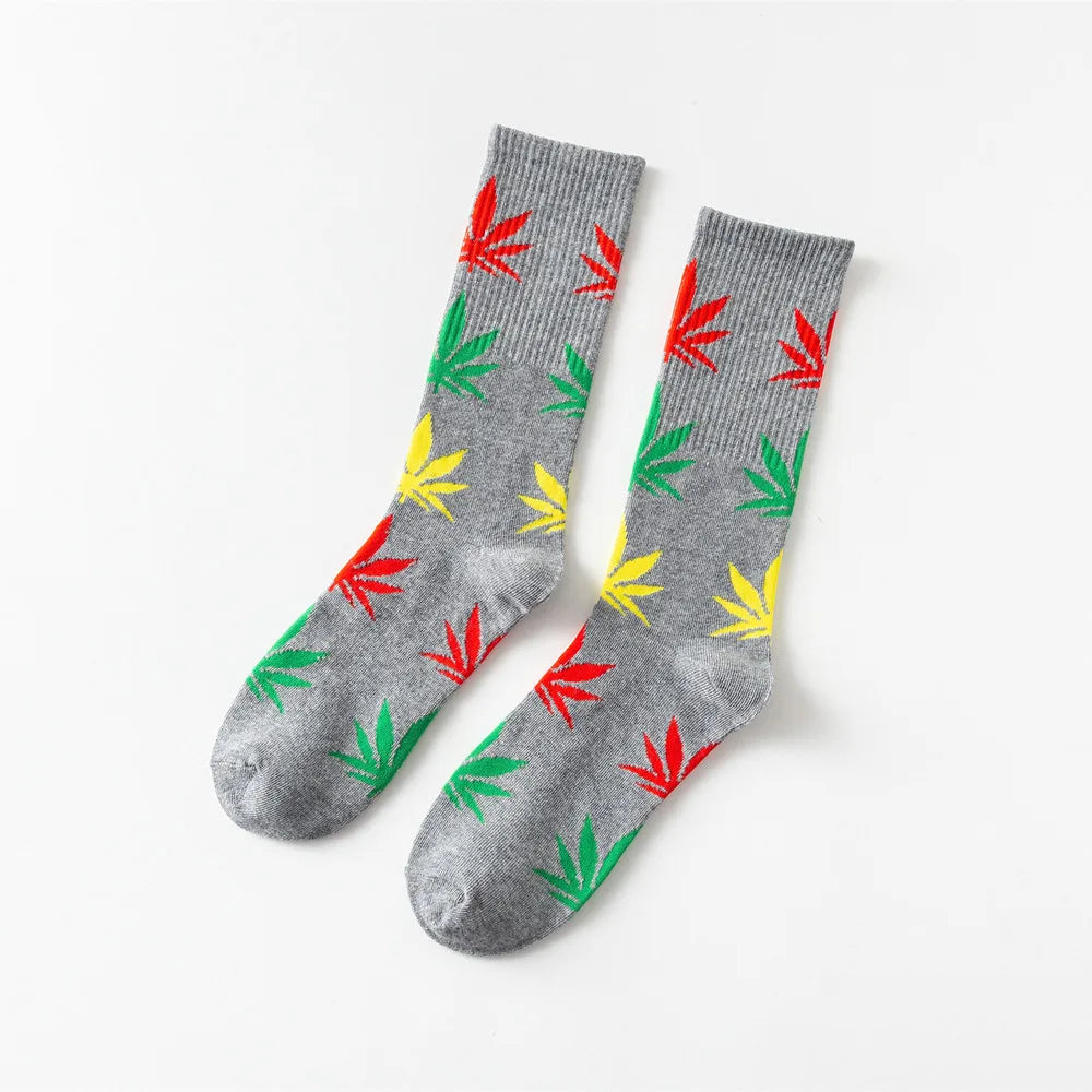 38 Cool 37- 46 Unisex Men's Funny Skateboard Socks Hemp Meias Long Happy Maple Leaf sokken Cotton Weed Grass White Black Socken