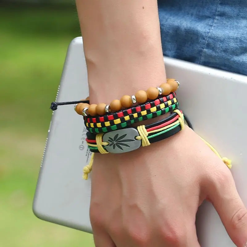 3Pcs Jamaica Leather Weed Hemp Cord Woven Braided Bracelets Rasta Reggae Jeweley