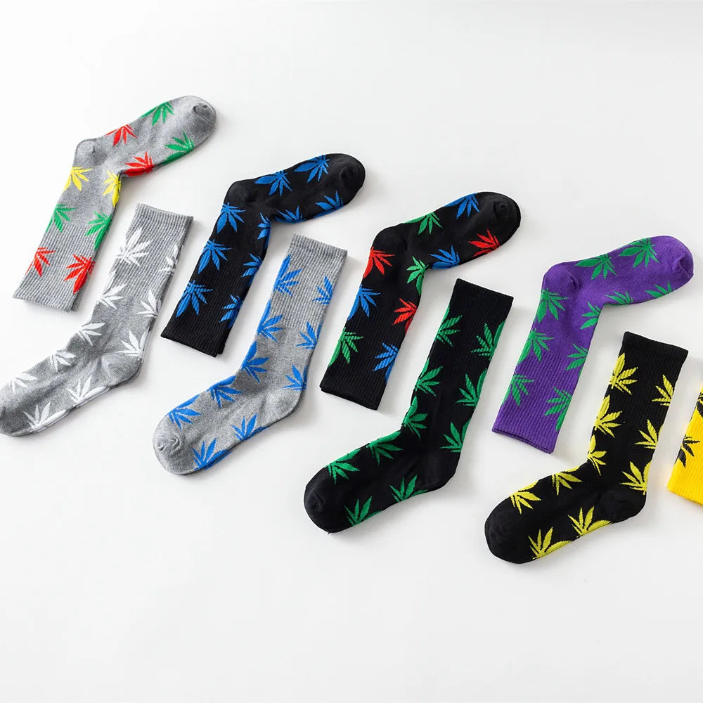 38 Cool 37- 46 Unisex Men's Funny Skateboard Socks Hemp Meias Long Happy Maple Leaf sokken Cotton Weed Grass White Black Socken