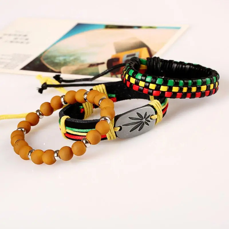 3Pcs Jamaica Leather Weed Hemp Cord Woven Braided Bracelets Rasta Reggae Jeweley