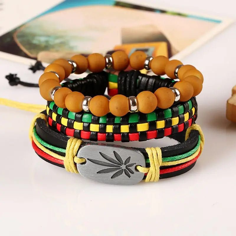 3Pcs Jamaica Leather Weed Hemp Cord Woven Braided Bracelets Rasta Reggae Jeweley