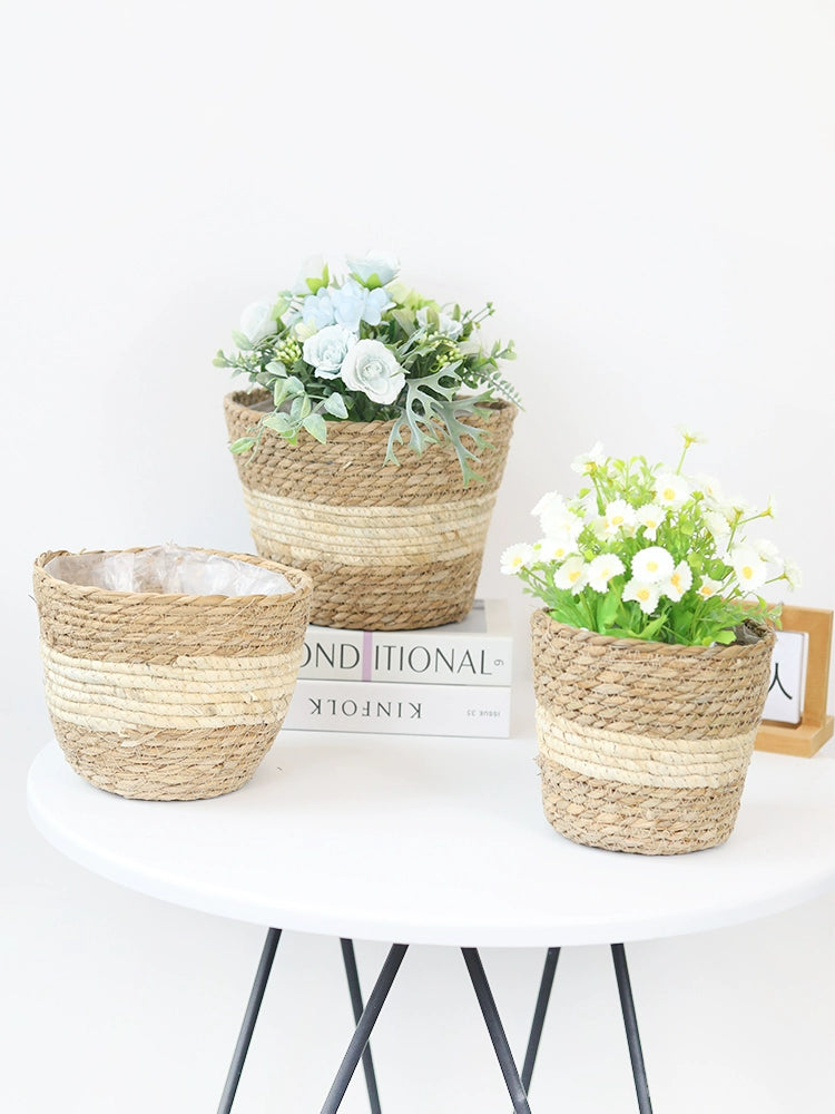 Mediterranean Straw Flower Pot Home Living Room Desktop Storage Decoration Flower Basket Balcony Green Plant Succulent Planting Flower Pot