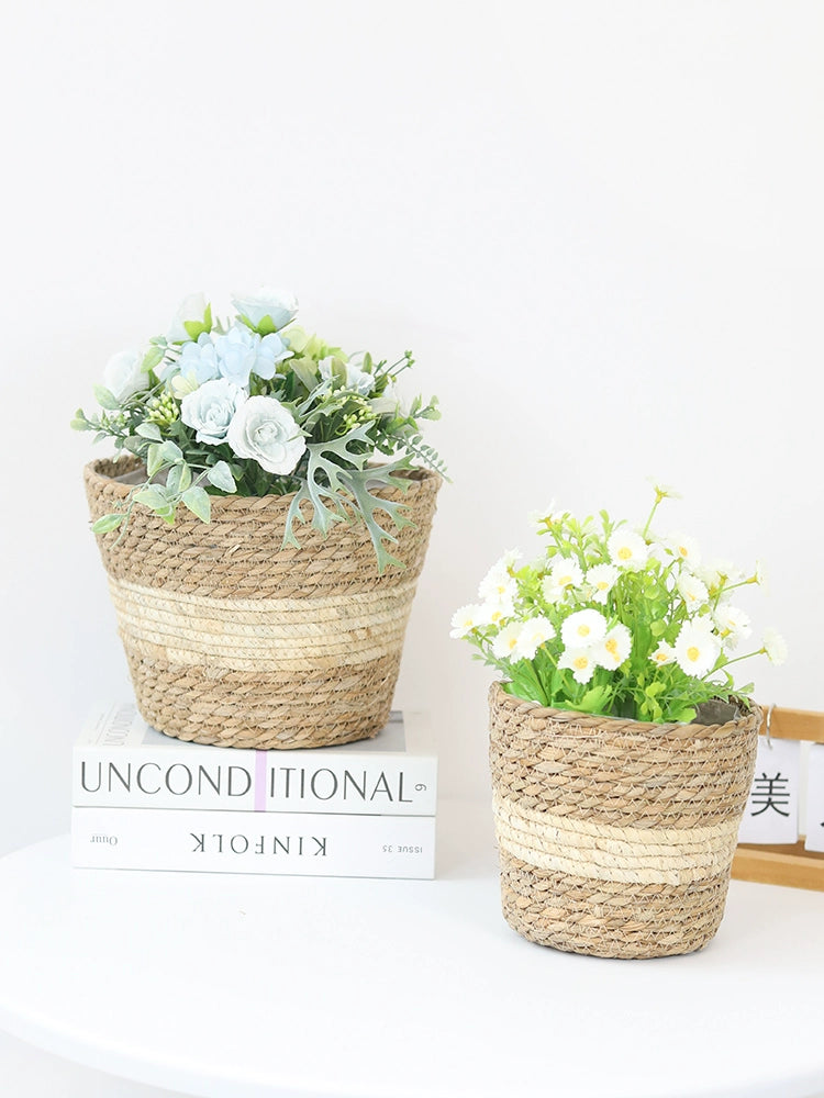 Mediterranean Straw Flower Pot Home Living Room Desktop Storage Decoration Flower Basket Balcony Green Plant Succulent Planting Flower Pot