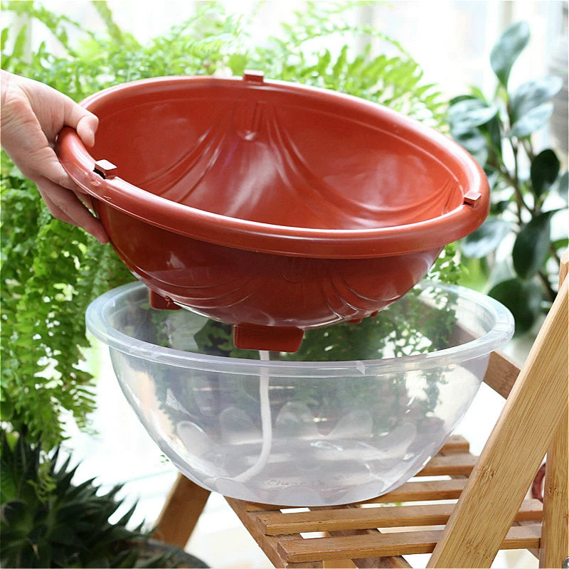 Round Double-Layer Resin Green Dill Flowerpot Plastic Transparent Bottom Basin Transparent Cover Set Basin Non-Porous Water Storage Bean Bag Water Storage