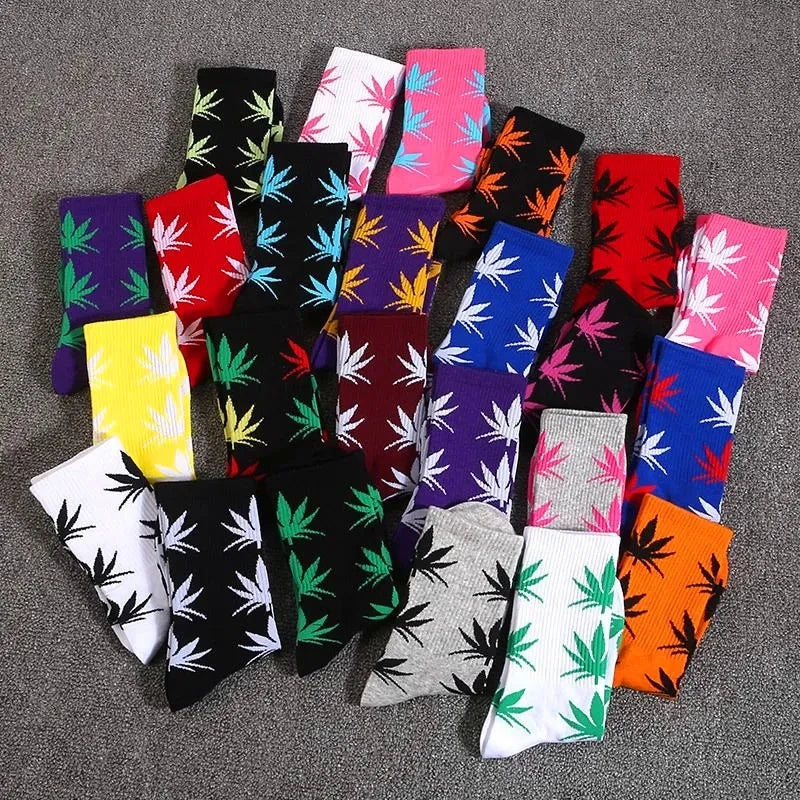 38 Cool 37- 46 Unisex Men's Funny Skateboard Socks Hemp Meias Long Happy Maple Leaf sokken Cotton Weed Grass White Black Socken