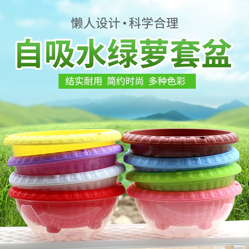 Round Double-Layer Resin Green Dill Flowerpot Plastic Transparent Bottom Basin Transparent Cover Set Basin Non-Porous Water Storage Bean Bag Water Storage